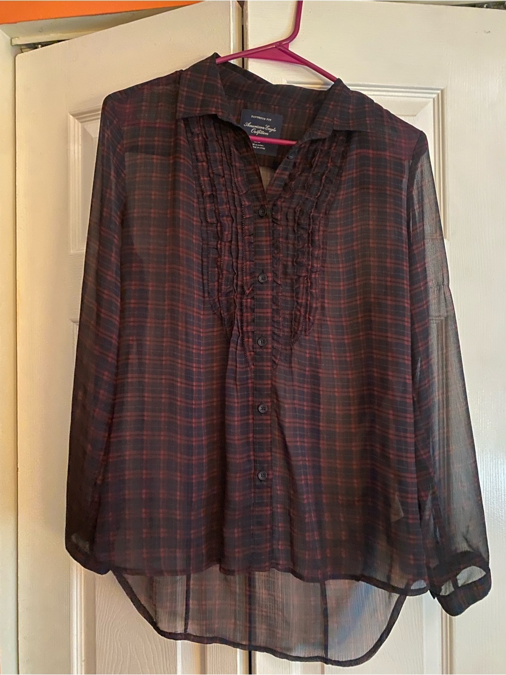 American Eagle OutfittersBurgundy and Blue Plaid Ruffle-Front Sheer Button-Down